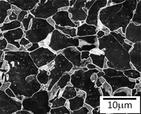 硬い結晶と柔らかい結晶が混在する鉄鋼材料の電子顕微鏡写真